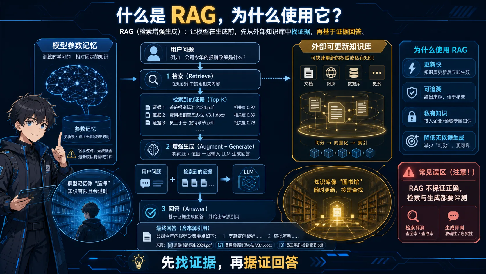RAG 动漫知识图:先从可更新知识库检索证据,再将问题与证据交给模型生成带引用的回答
