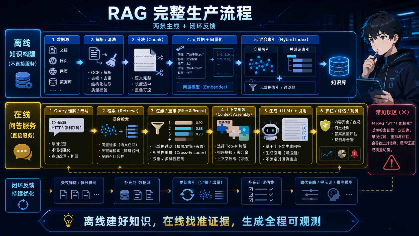 生产 RAG 全流程动漫知识图:离线解析分块建索引,在线查询改写、混合检索、过滤重排、上下文组装、生成引用与可观测反馈