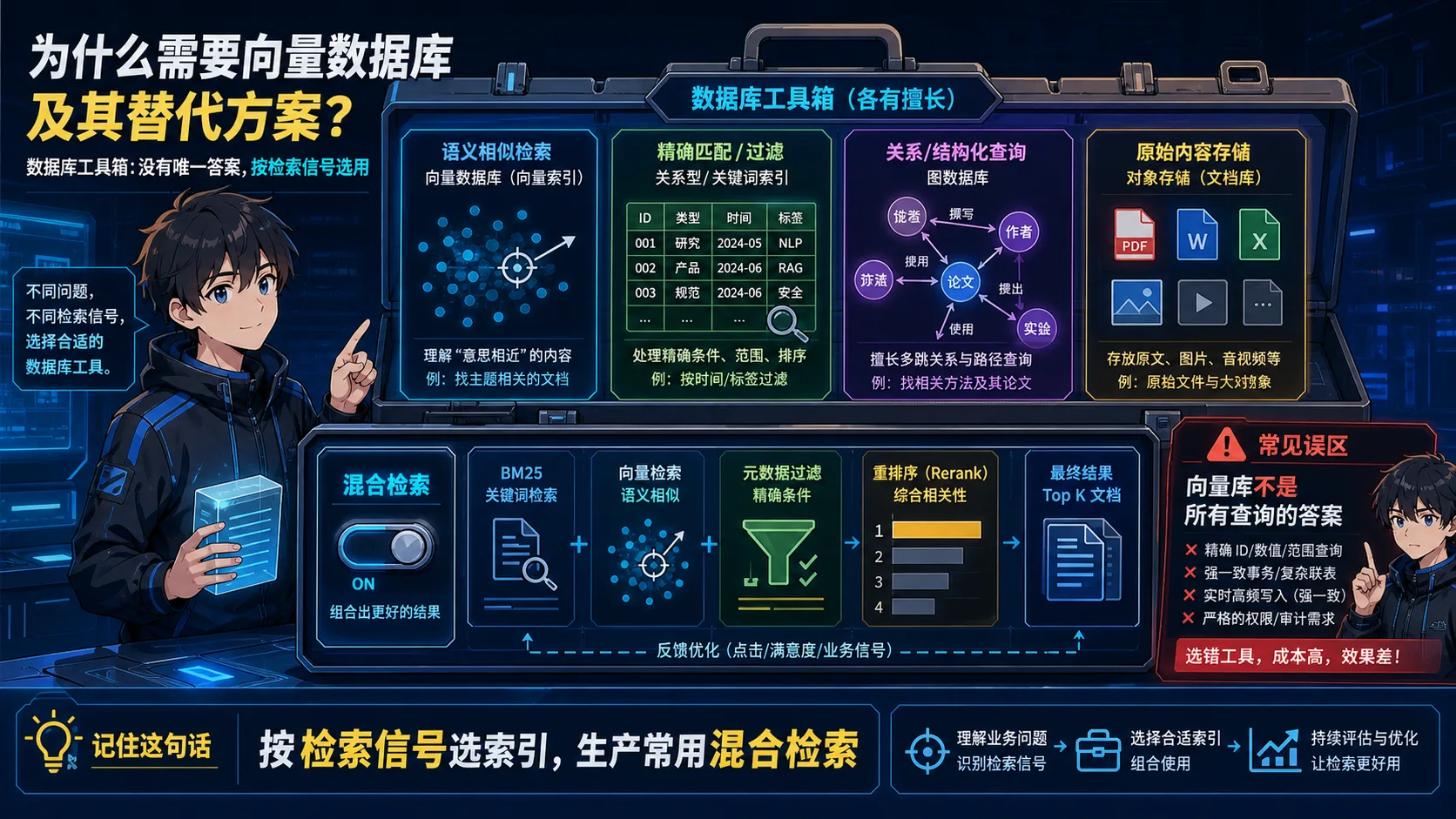 RAG 数据库选型动漫知识图:语义检索、精确过滤、图关系和原始文件分别选择合适存储,并通过混合检索融合