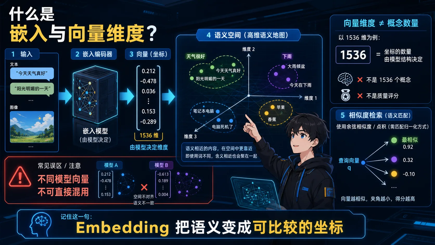Embedding 动漫知识图:编码器把内容映射为语义坐标,维度是坐标数量而非概念数量或质量分数