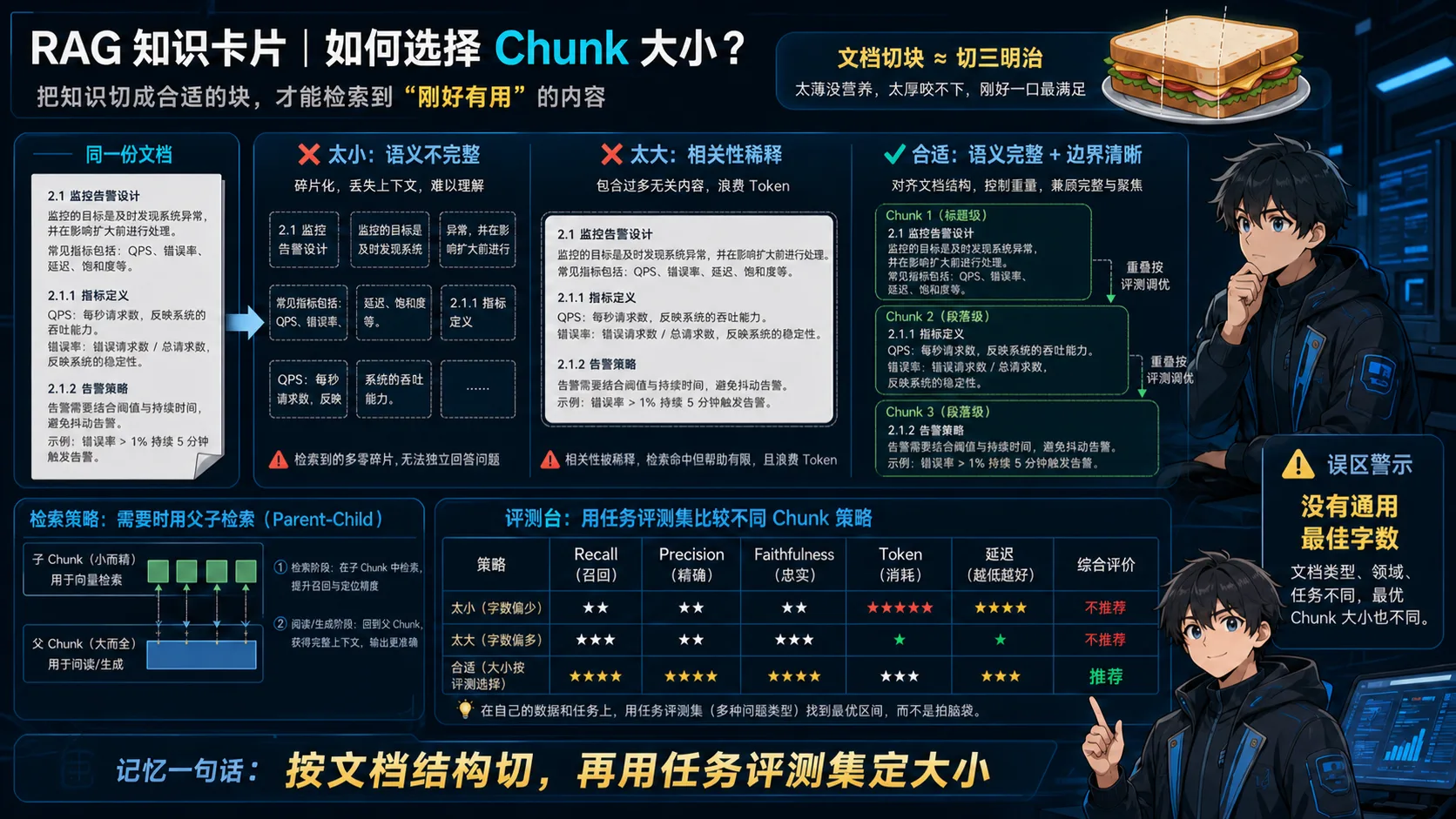 Chunk 大小选择动漫知识图:过小丢上下文、过大稀释相关性,按文档结构切分并用任务评测集选择大小和重叠