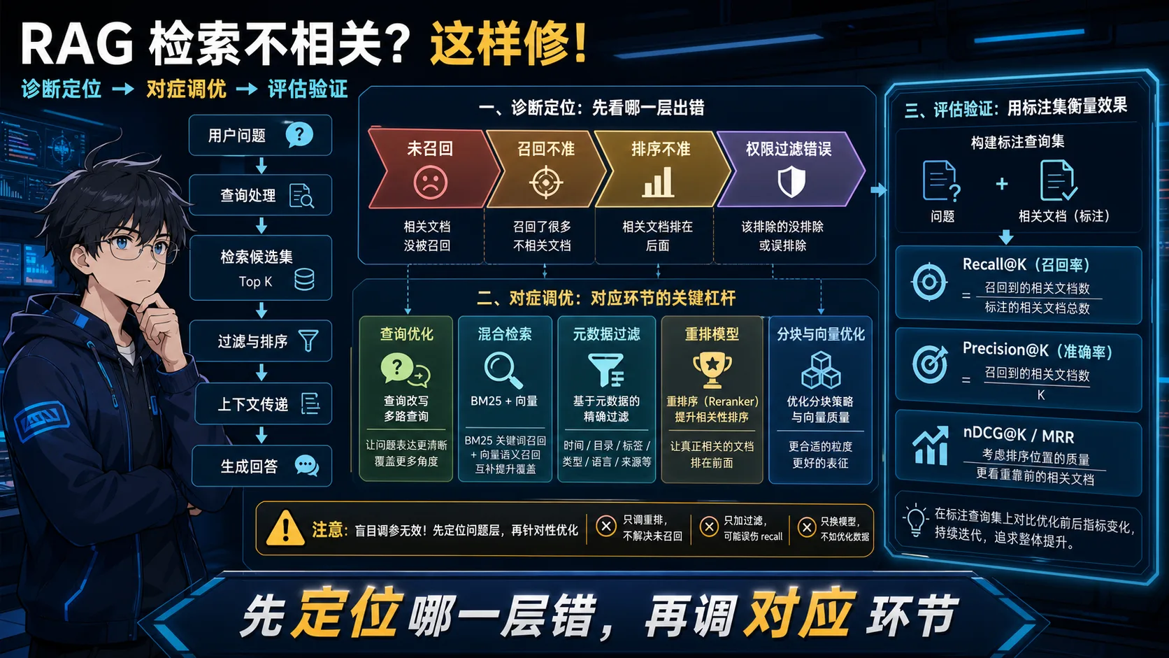 RAG 检索诊断动漫知识图:区分未召回、召回不准、排序不准和权限过滤错误,再映射到查询、检索、过滤、重排和分块优化