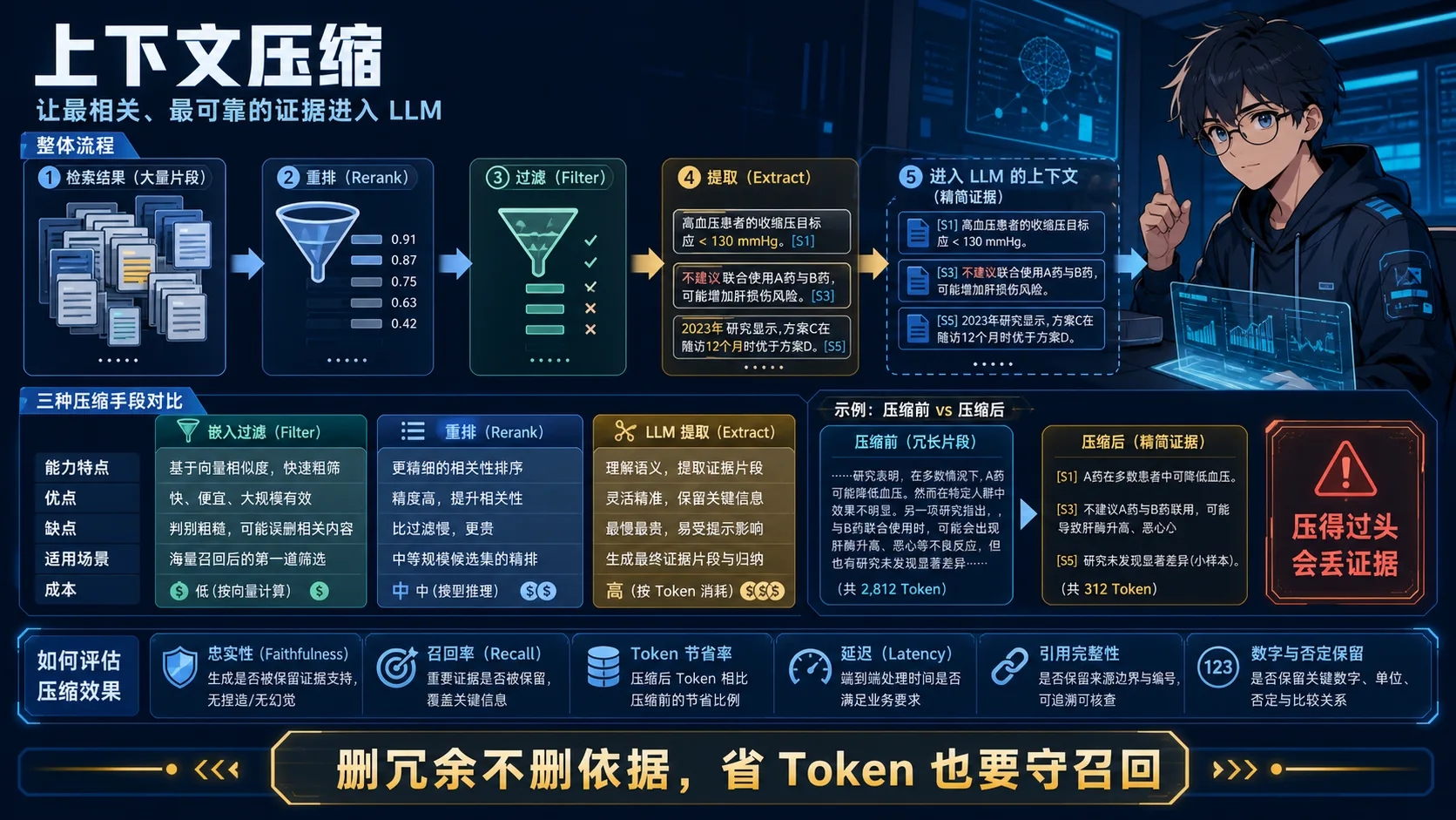 上下文压缩动漫知识图:检索片段经过重排、过滤和证据抽取,仅把保留来源边界的相关内容交给模型