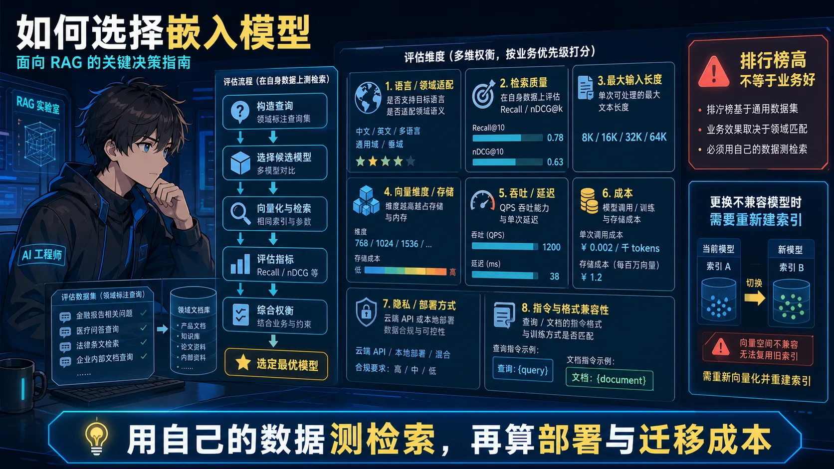 Embedding 模型选型动漫知识图:用领域标注集比较语言适配、检索质量、输入长度、维度存储、吞吐延迟、成本隐私和指令兼容性