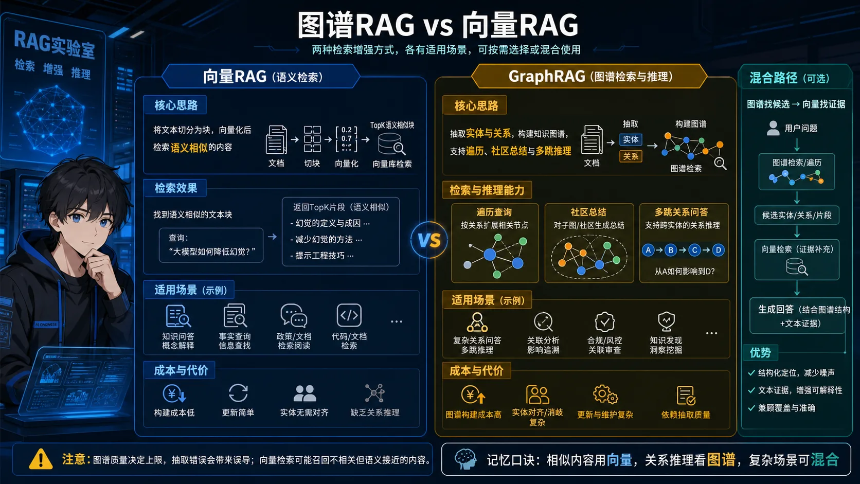 GraphRAG 与向量 RAG 对比动漫知识图:向量检索语义相似内容,图谱支持实体关系遍历、社区总结和多跳推理,复杂场景可混合