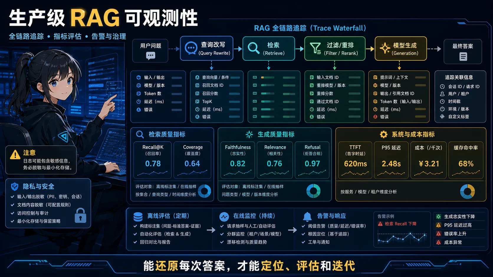 RAG 可观测性动漫知识图:全链路 Trace 记录查询改写、检索、过滤重排和生成,并联合监控检索、生成、系统和成本指标