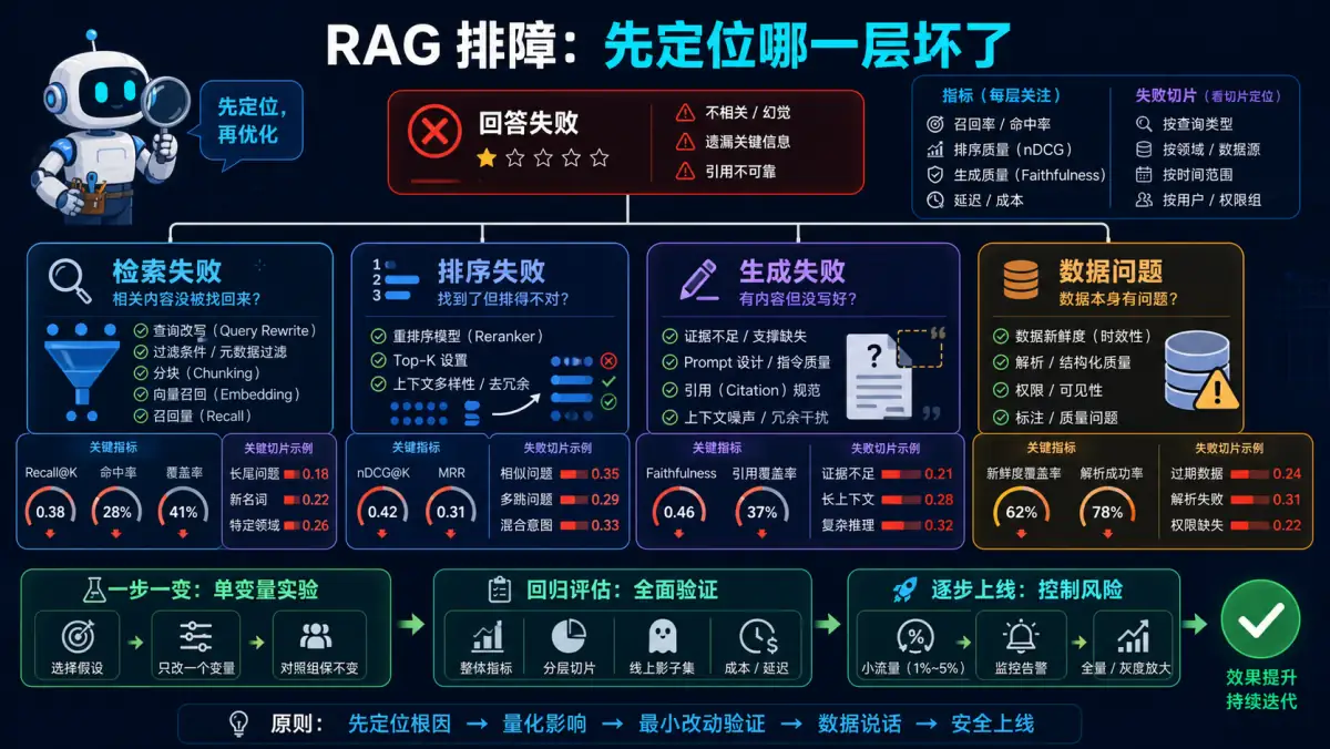 RAG 效果差时按检索、排序、生成和数据四层定位并用单变量实验验证图