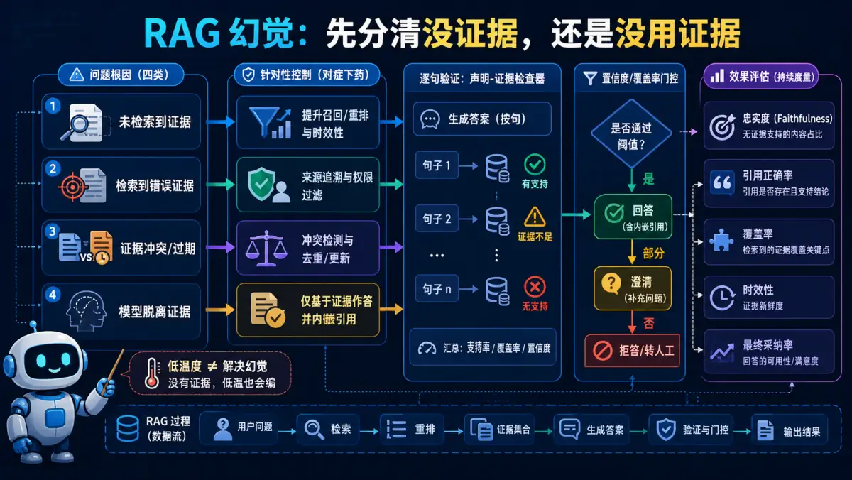 RAG 幻觉按未检索证据、错误证据、冲突过期和模型脱离证据分类治理图