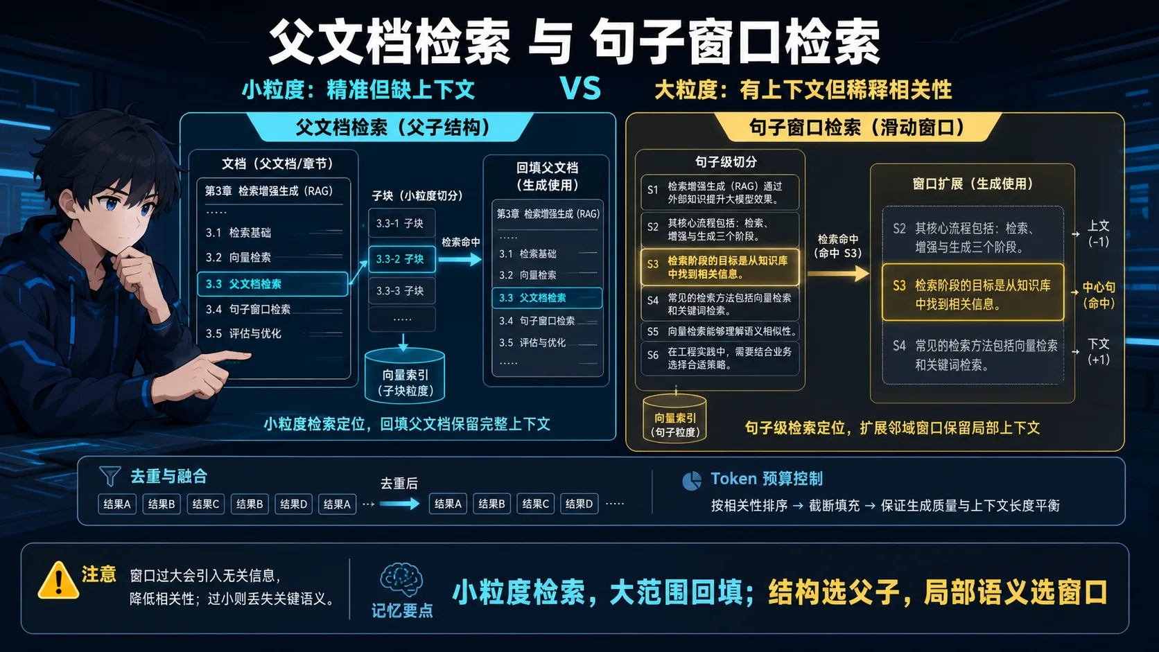 父文档与句子窗口检索动漫知识图:用小粒度内容精准检索,再分别回填父章节或相邻句子窗口以补全上下文