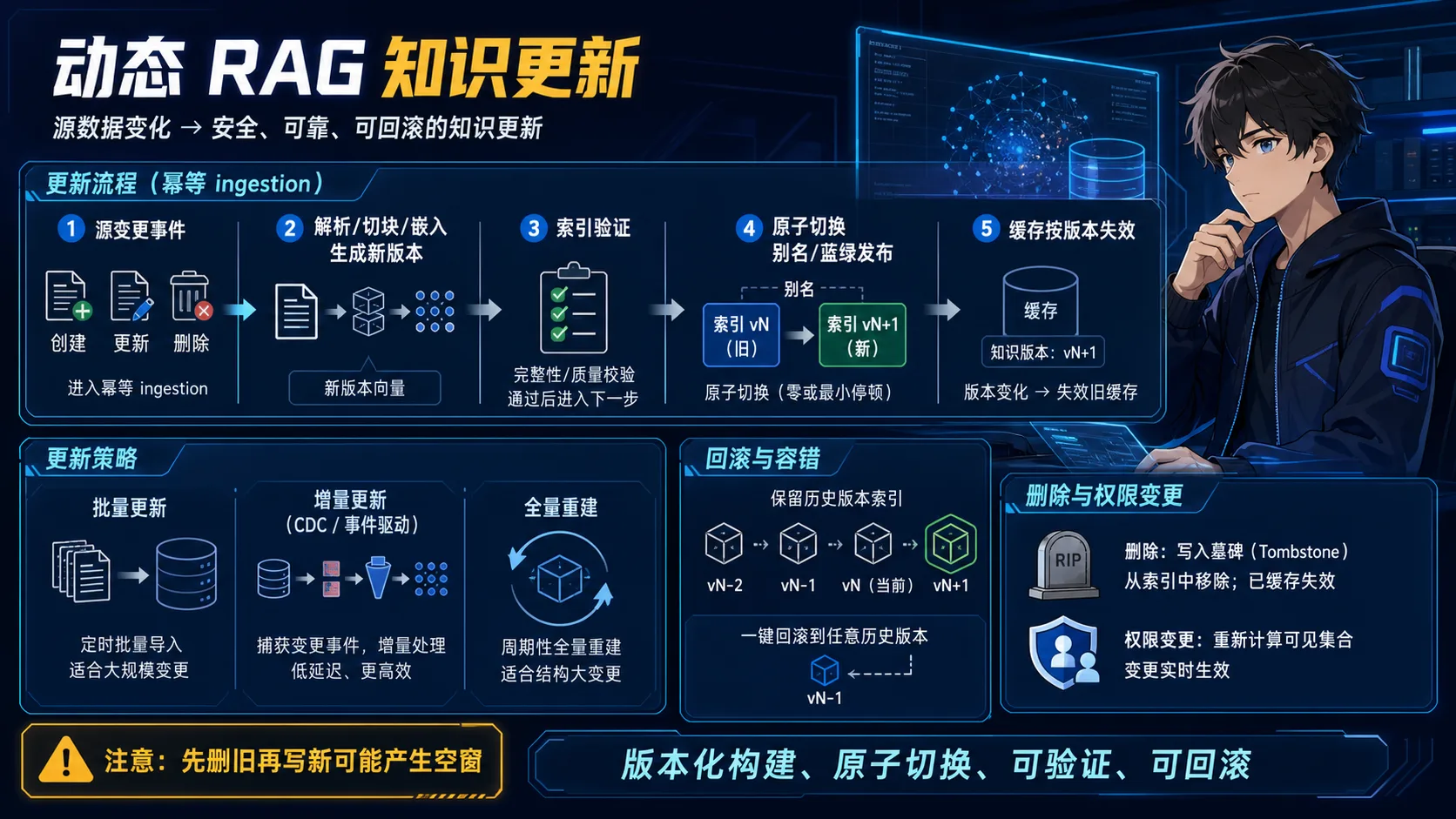 动态 RAG 知识更新动漫知识图:变更事件幂等入库,生成并验证新索引,通过别名原子切换,按知识版本失效缓存并支持回滚