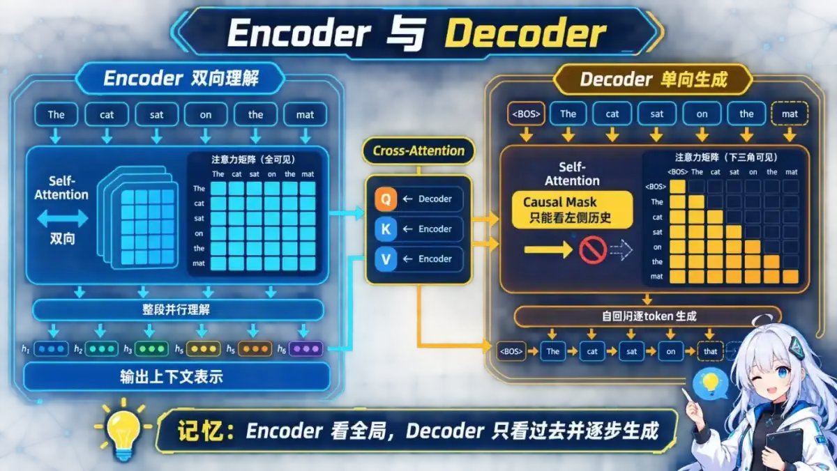 Encoder 与 Decoder 对比动漫知识图:Encoder 双向理解整段输入,Decoder 通过因果遮罩只看历史并逐 Token 生成,可用 Cross-Attention 读取编码结果