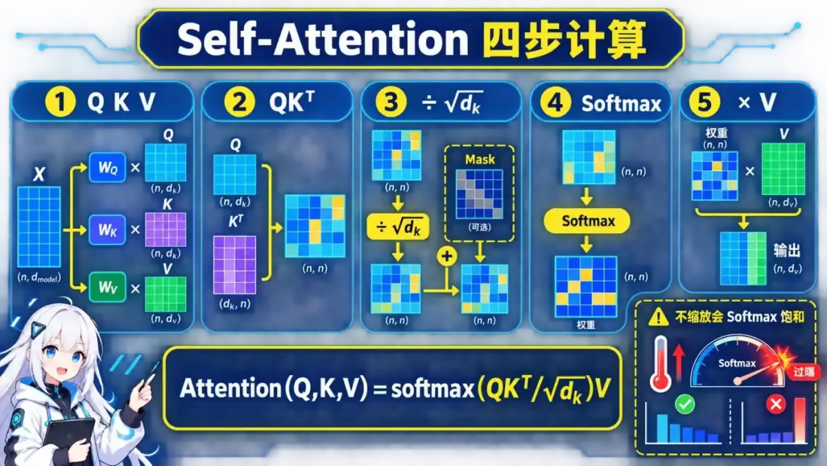 Self-Attention 计算动漫知识图:输入投影为 Q K V,计算 QK 转置、缩放与可选遮罩,经 Softmax 得到权重后聚合 V