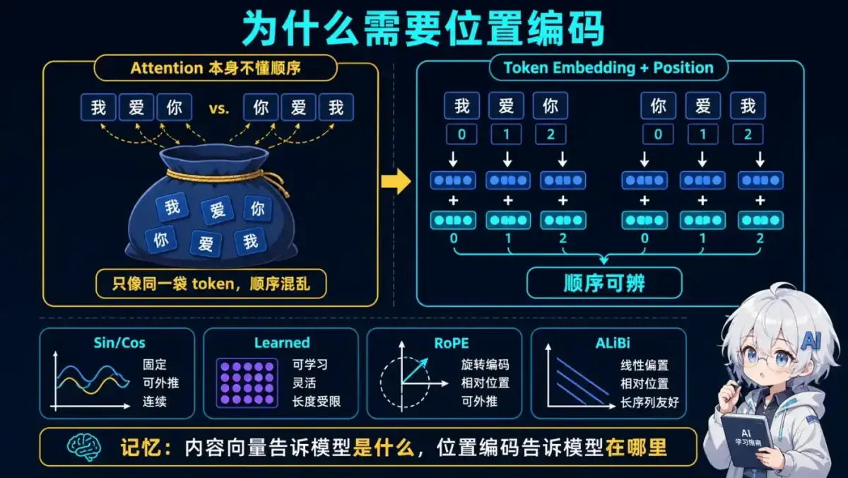 位置编码动漫知识图:自注意力本身不能区分排列顺序,Token Embedding 加入位置坐标后才能分辨语序,并对比 Sin Cos、Learned、RoPE 与 ALiBi
