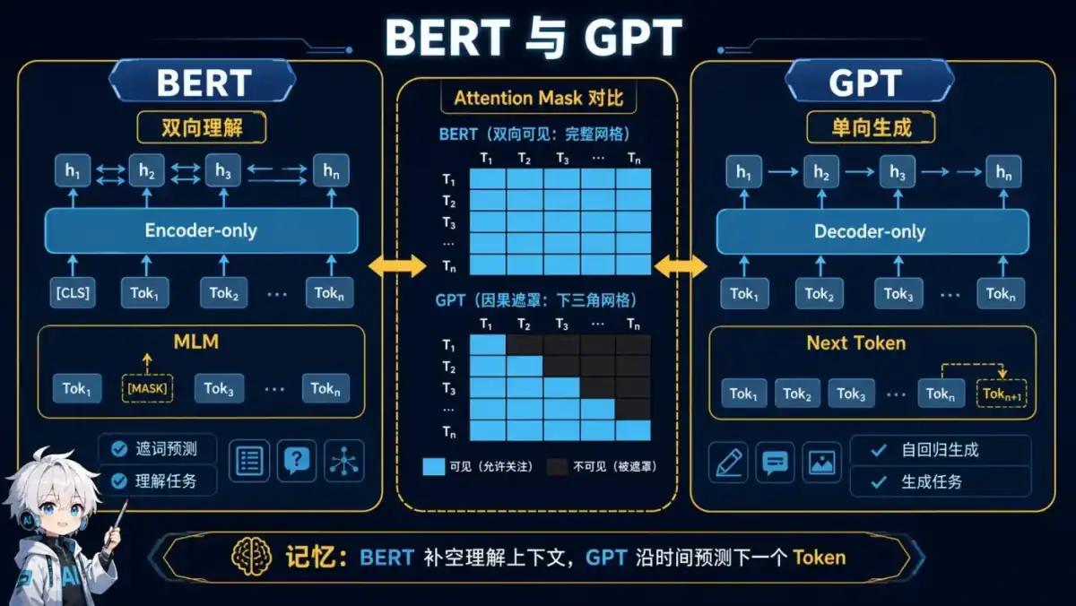 BERT 与 GPT 对比动漫知识图:BERT 使用双向 Encoder 和遮词目标理解上下文,GPT 使用因果遮罩 Decoder 预测下一个 Token 并自回归生成