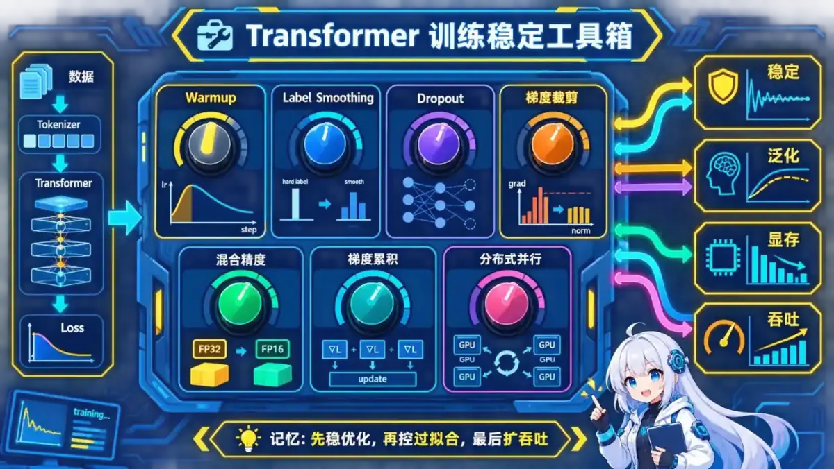 Transformer 训练工具箱动漫知识图:Warmup、Label Smoothing、Dropout、梯度裁剪、混合精度、梯度累积和分布式并行分别改善稳定性、泛化、显存与吞吐