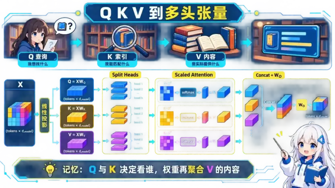 Q K V 与多头张量动漫知识图:Q 表示查询目标,K 表示可匹配索引,V 表示实际内容,输入线性投影后拆头计算注意力并拼接输出
