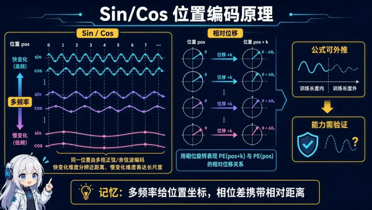 Sin Cos 位置编码动漫知识图:多组不同频率正弦余弦波为位置提供坐标,相位差表达相对位移,公式可生成更长位置但有效能力仍需验证