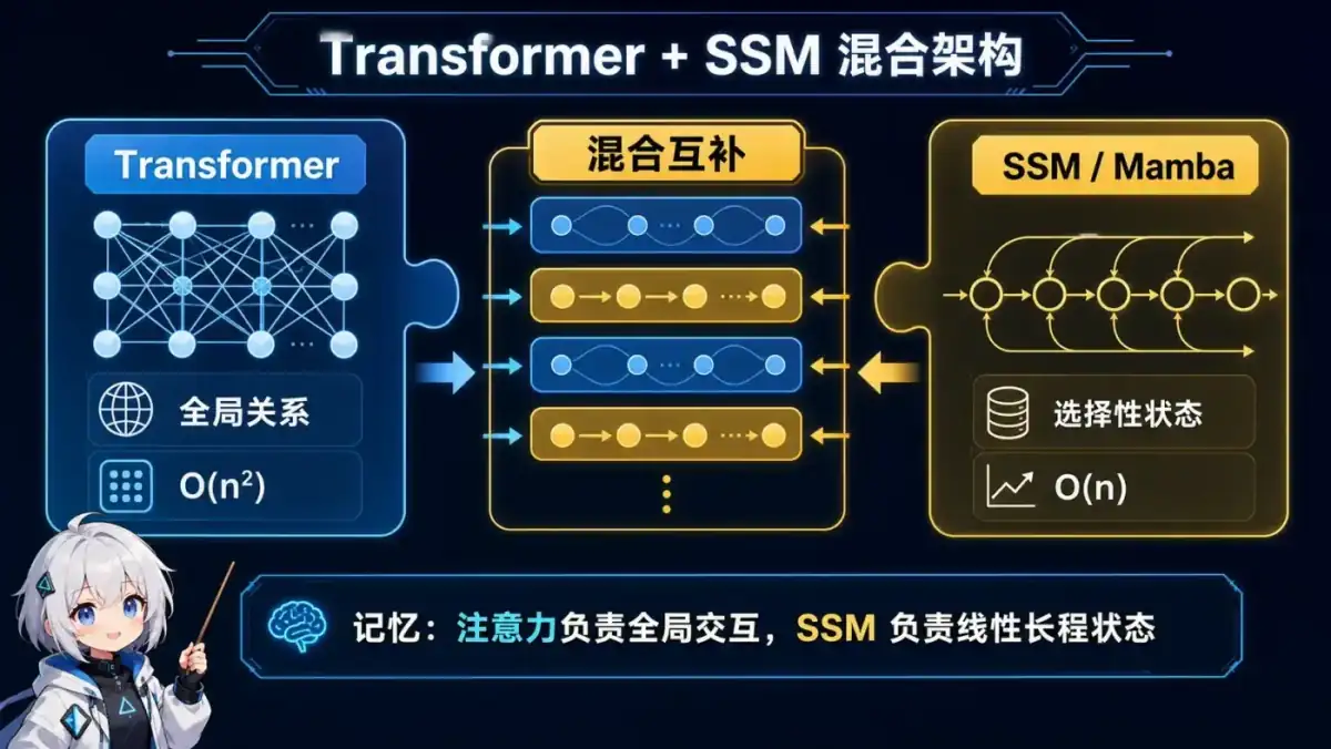Transformer 与 SSM 混合架构动漫知识图:Transformer 擅长全局关系但注意力成本随长度平方增长,SSM 以选择性状态做线性序列建模,混合层发挥二者互补能力