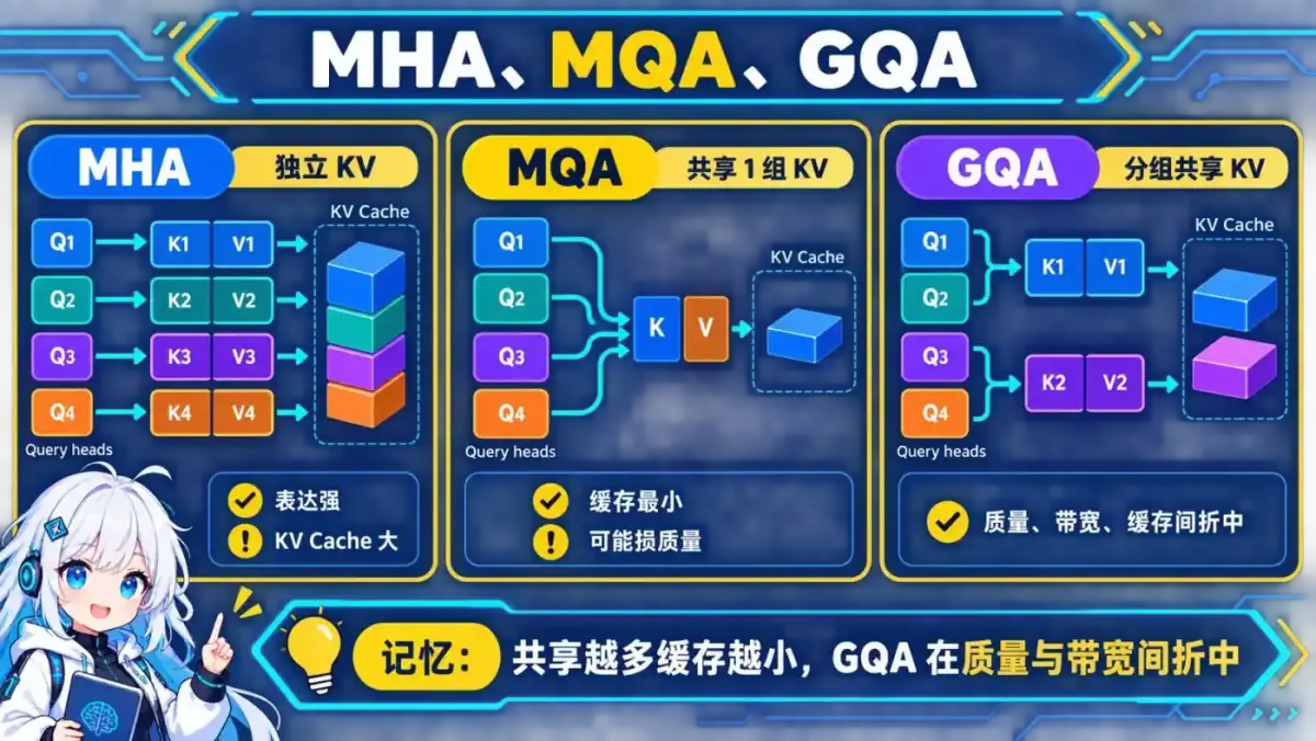 MHA MQA GQA 对比动漫知识图:MHA 为每个查询头保留独立 KV,MQA 全部共享一组 KV,GQA 分组共享以折中质量、内存带宽和 KV Cache