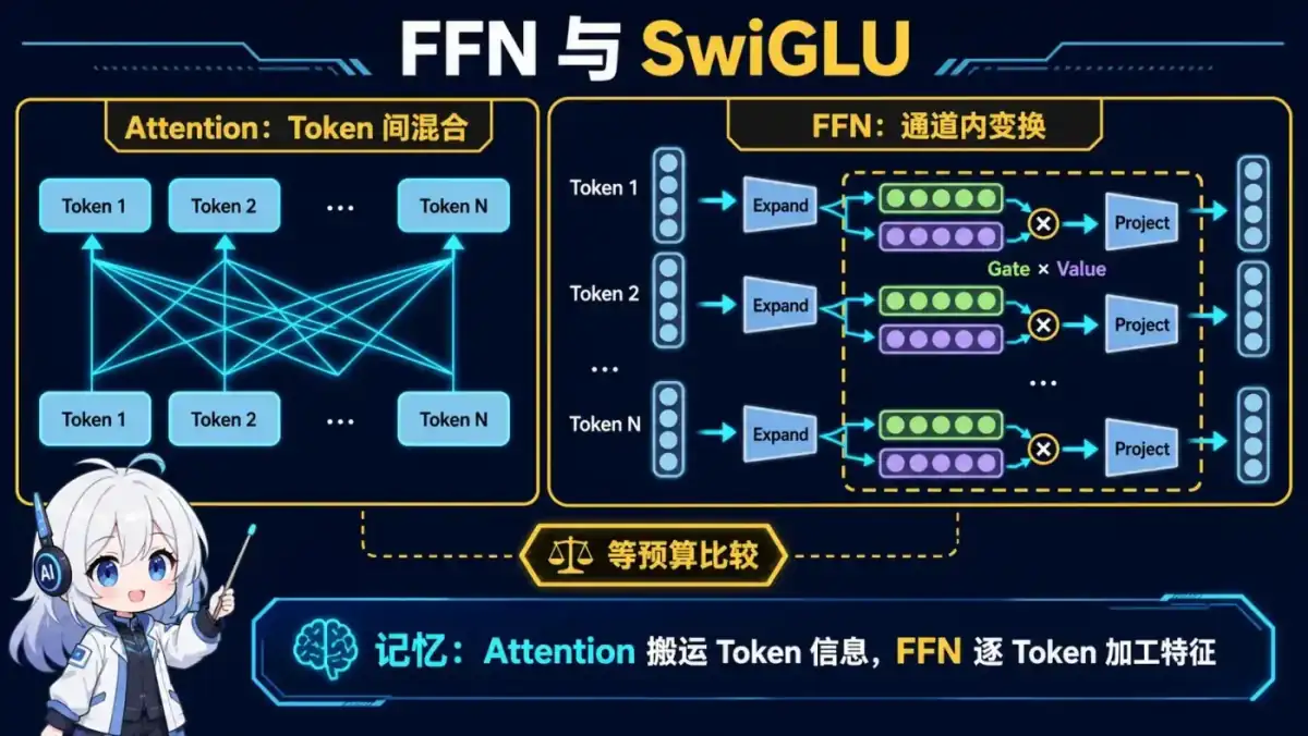 FFN 与 SwiGLU 动漫知识图:Attention 在 Token 之间混合信息,FFN 逐 Token 进行通道变换,SwiGLU 用门控与值分支相乘后投影