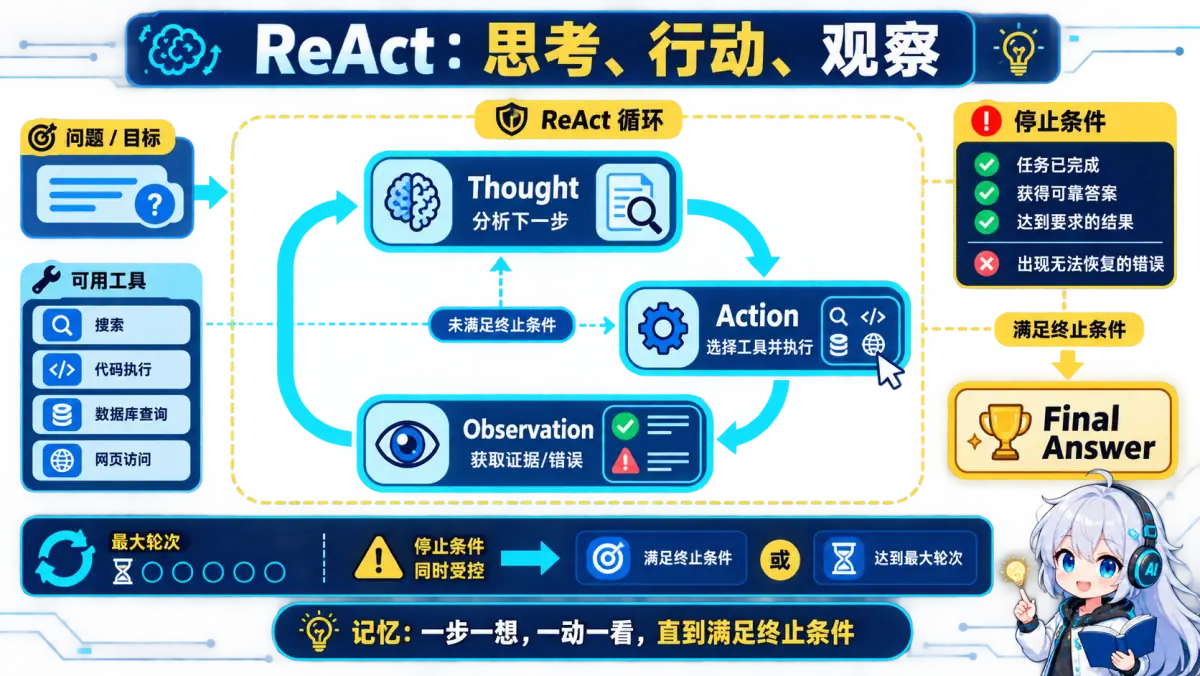 ReAct 在思考、行动、观察之间循环直到满足停止条件