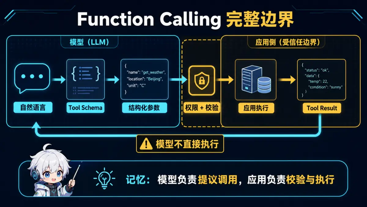 Function Calling 将自然语言转为结构化参数并由应用侧校验执行