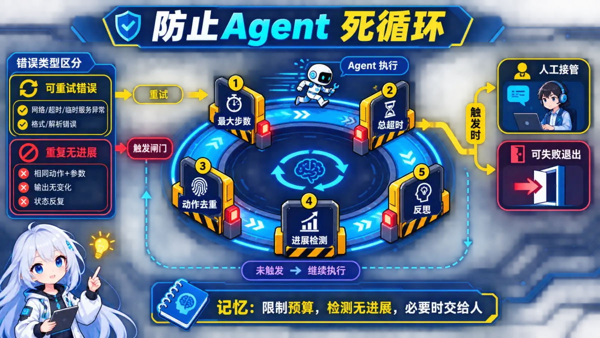 通过最大步数、总超时、动作去重、进展检测和人工接管防止 Agent 死循环