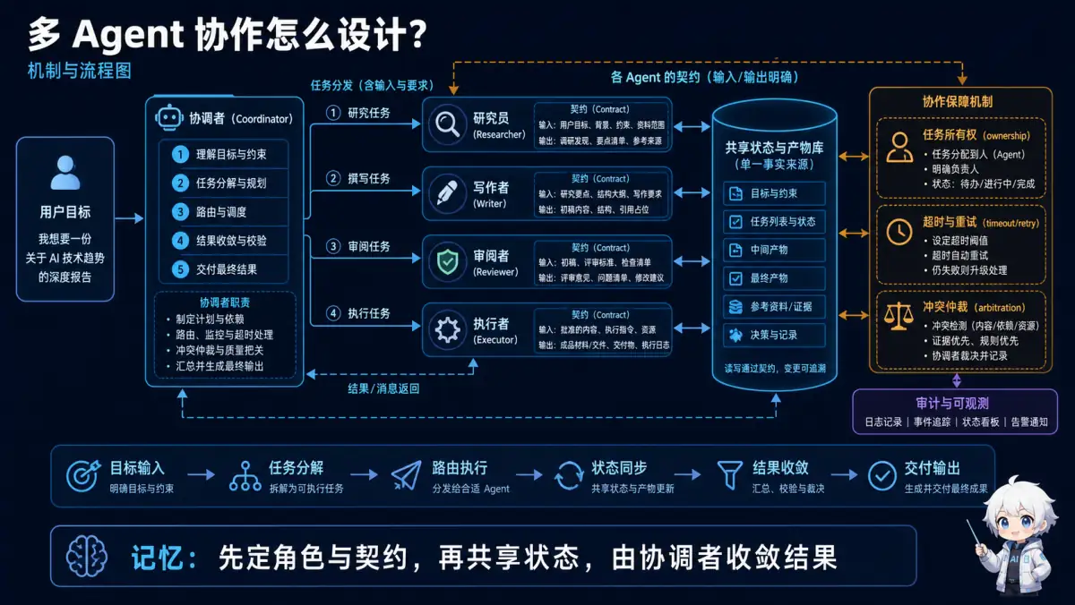 协调者按角色契约分配任务,多 Agent 通过共享状态协作并收敛结果
