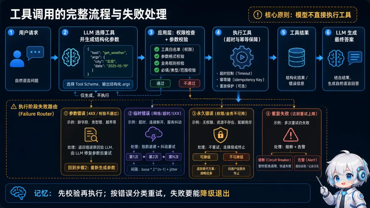 工具调用从结构化参数、应用校验到执行回传,并按错误类型重试降级