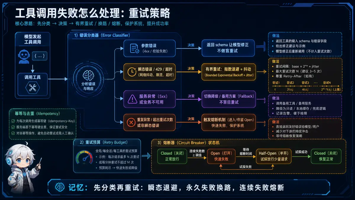 工具错误先分类,再按参数、瞬态、服务异常和连续失败采取修正退避降级与熔断