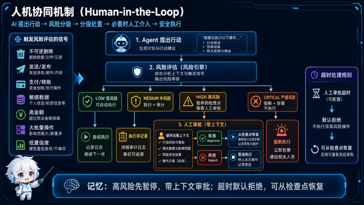 Agent 按风险分级执行,高风险操作在检查点暂停等待人工审批