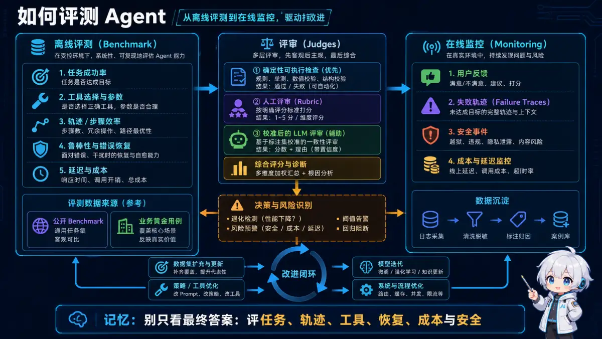 Agent 评测结合离线基准、分层评审和在线监控形成持续改进闭环