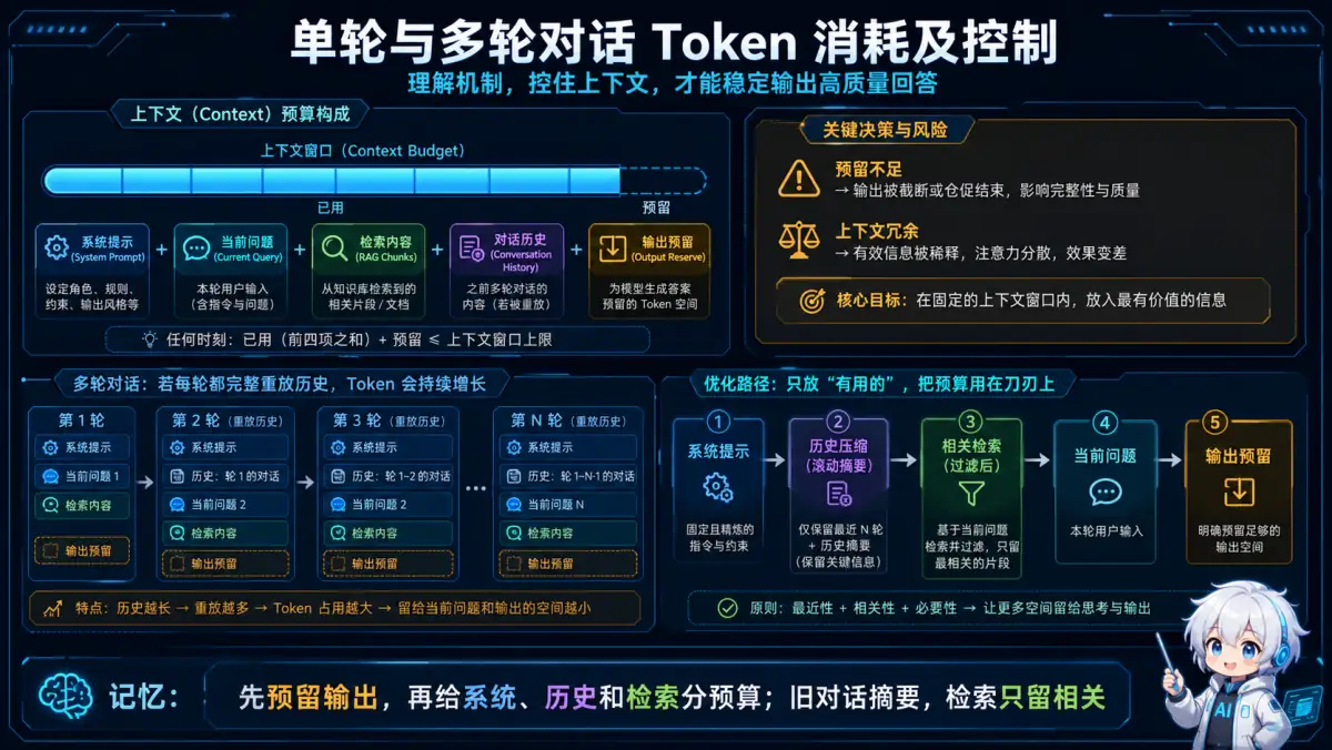 上下文窗口按系统提示、历史、检索、当前问题和输出预留分配 Token 预算