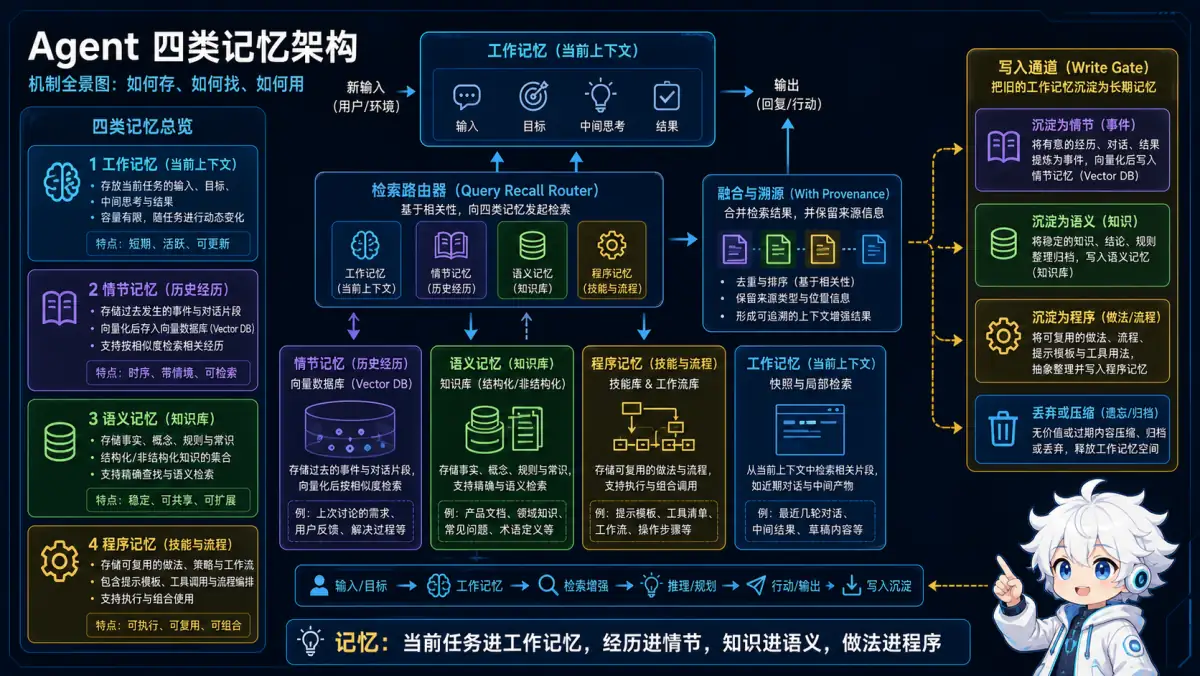 Agent 工作、情节、语义和程序四类记忆的存储检索及沉淀流程