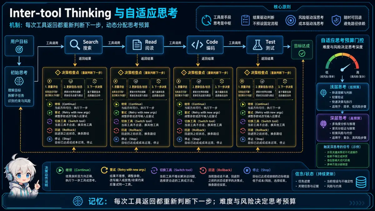 Inter-tool Thinking 在每次工具返回后重新评估质量状态风险并动态决定继续重试换工具回退或停止
