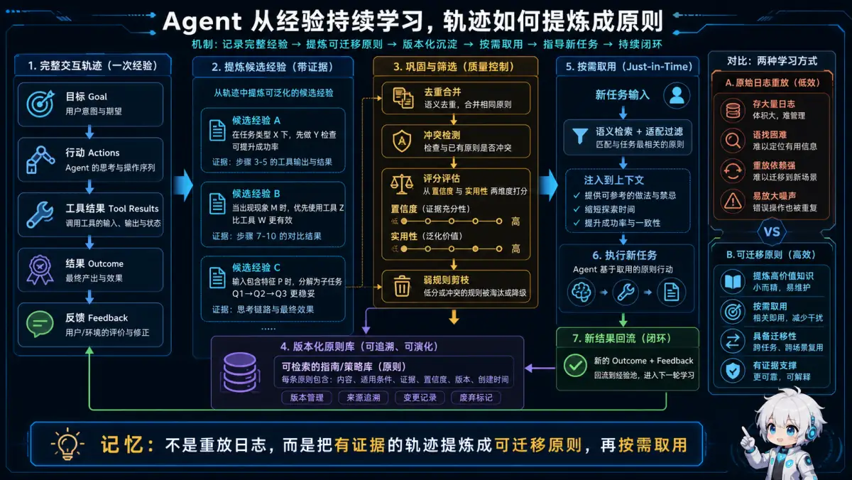 Agent 将有证据的完整轨迹提炼、巩固为版本化可迁移原则并按需检索复用