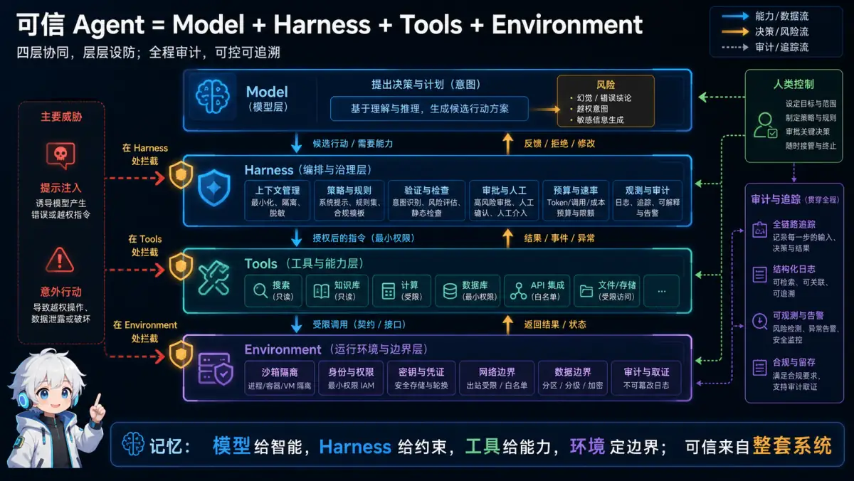 可信 Agent 的模型、Harness、工具和运行环境四层边界与纵深防御