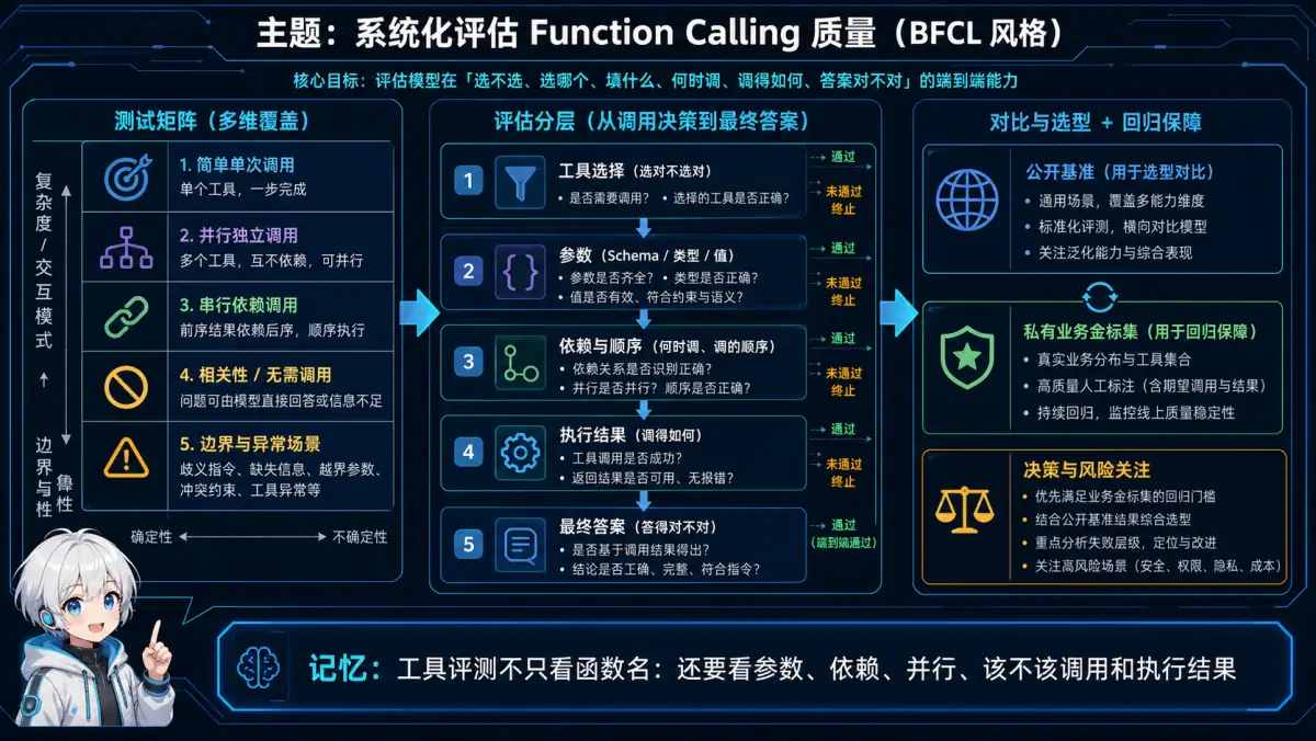 Function Calling 评测覆盖调用相关性、简单并行串行和边界场景,并逐层检查工具参数依赖执行与答案