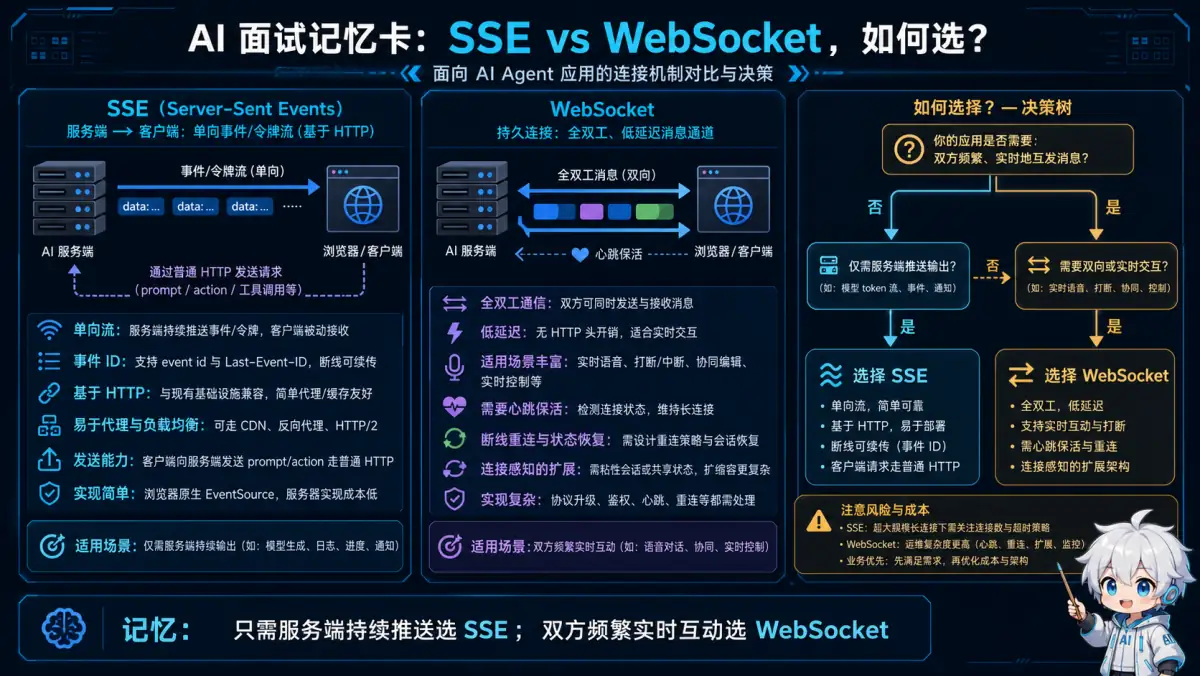 SSE 适合服务端单向持续推送，WebSocket 适合低延迟全双工实时交互