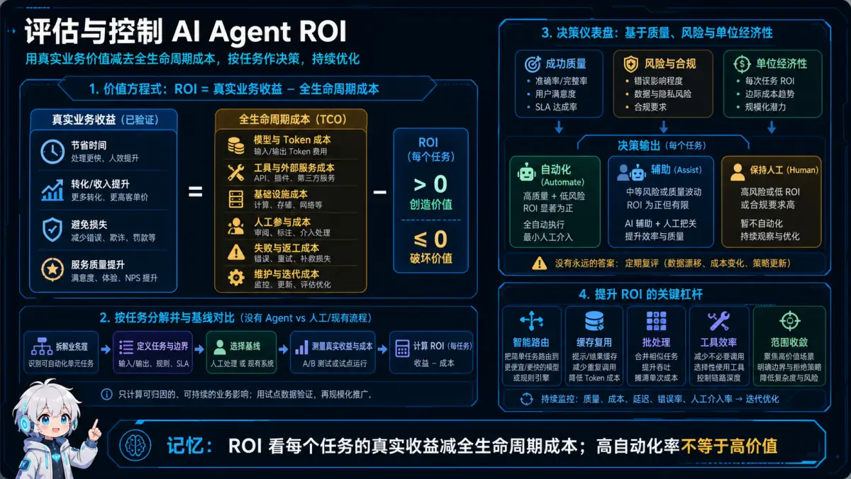 Agent ROI 按任务比较可验证业务收益与模型工具基础设施人工失败维护等全生命周期成本