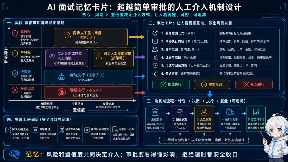 Human-in-the-Loop 根据风险和置信度选择自动执行抽查显式审批或阻断,并提供可审计审批上下文