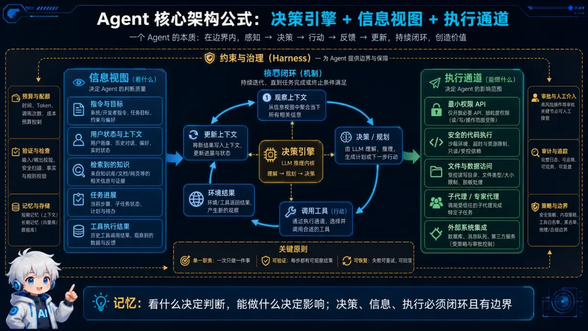 Agent 由决策引擎、信息视野和执行通道组成观察决策行动反馈闭环,并由 Harness 治理