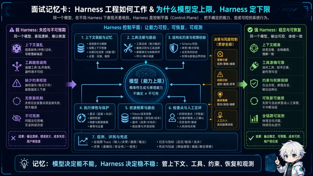 Harness 通过上下文工具约束恢复预算检查点和观测把模型概率能力变成稳定系统行为