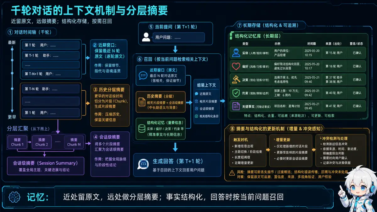 千轮对话保留近期原文，将远期对话逐级汇总并抽取结构化事实，回答时按当前问题召回