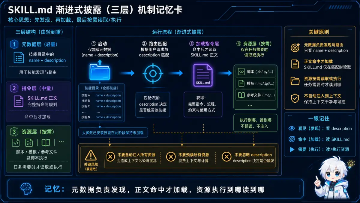 Skill 采用渐进式披露,元数据用于发现,命中后加载正文,脚本模板参考资料按任务需要读取执行