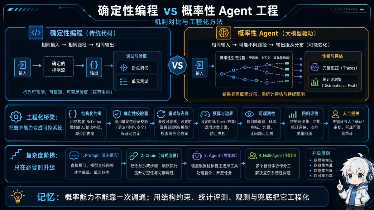 确定性程序用断点和单测验证固定路径,概率性 Agent 需用结构约束统计评测观测恢复和人工把关工程化