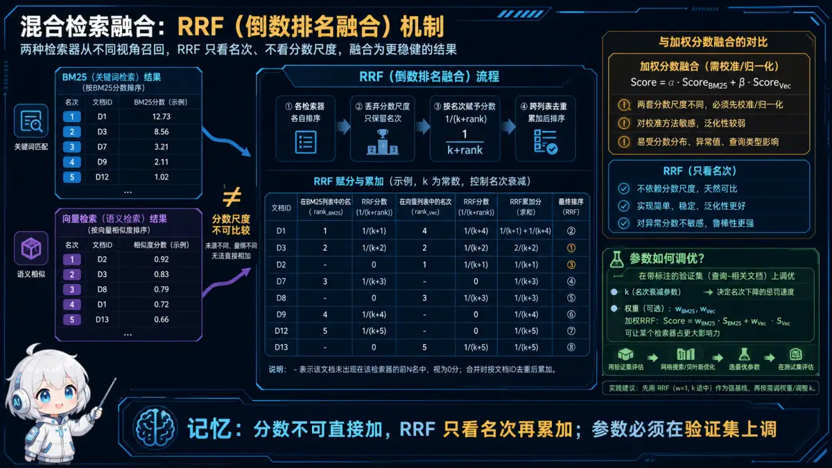 RRF 忽略 BM25 和向量检索不可比分数,按每个结果的倒数排名累加融合