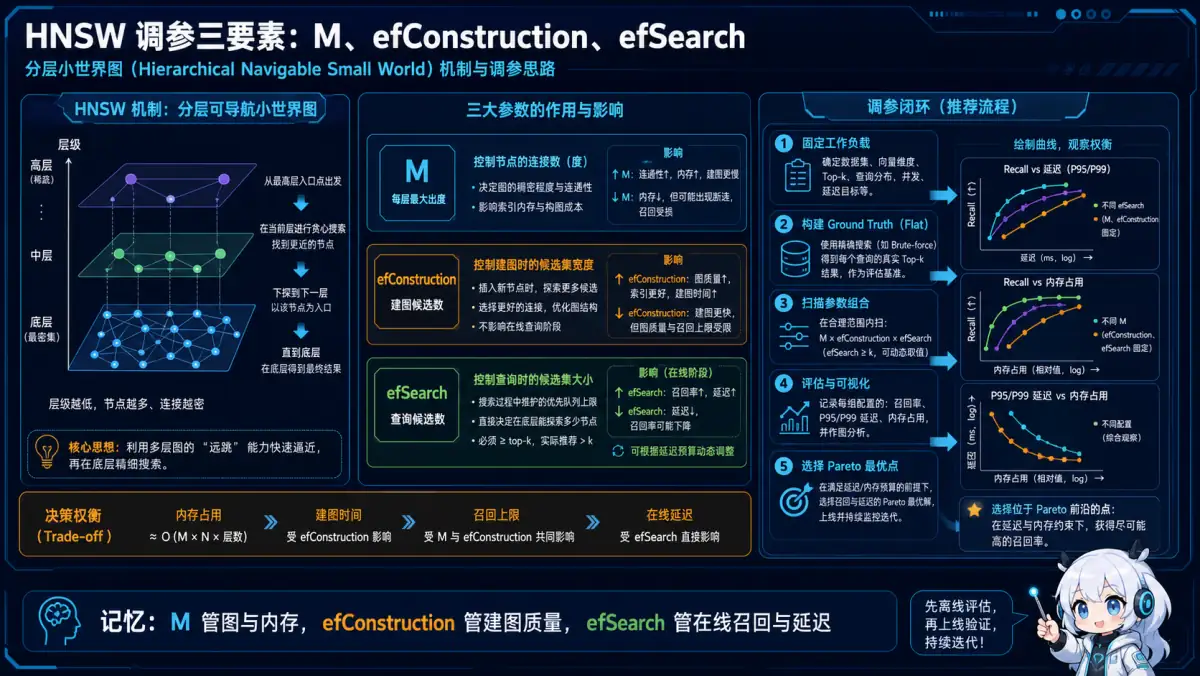 HNSW 的 M 控制图连接与内存,efConstruction 控制建图质量,efSearch 控制在线召回延迟权衡