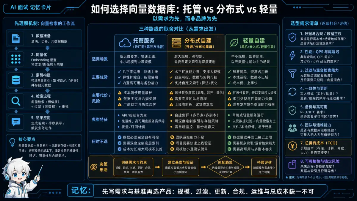 从规模过滤更新合规运维总成本和可迁移性选择托管分布式或轻量向量数据库