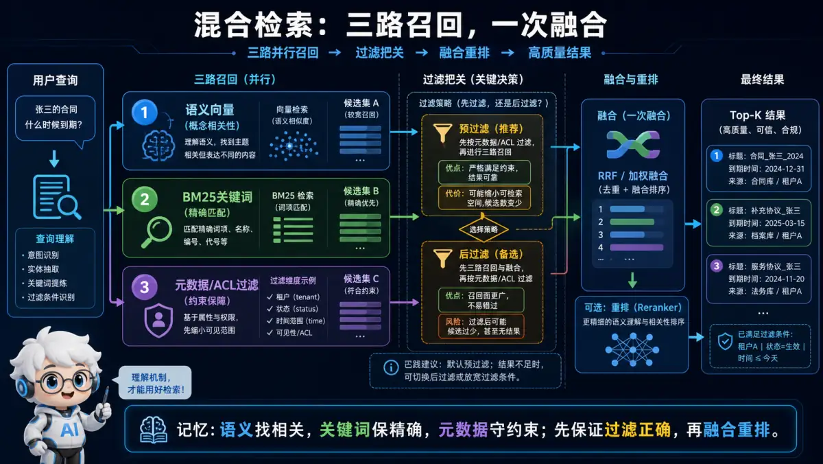 混合检索三路召回、过滤、融合与重排机制图